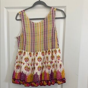 Vibrant Yellow and Purple Striped Blouse with Floral Accents